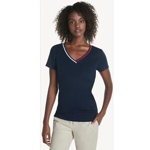 Tommy Hilfiger Women's V-Neck T-Shirt, Casual Short Sleeve Cotton Navy Size XS S